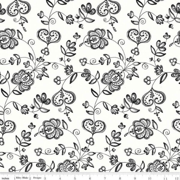 Black and White Hearts and Flowers, Be Mine Valentine Quilter Cotton by Riley Blake